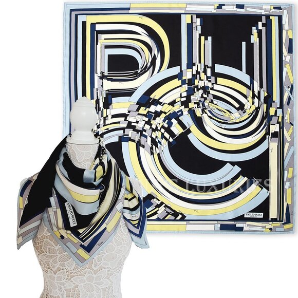 EMILIO PUCCI SCARF RIBBON LOGO PRINT SILK SIGNATURE SQUARE FOULARD 34"